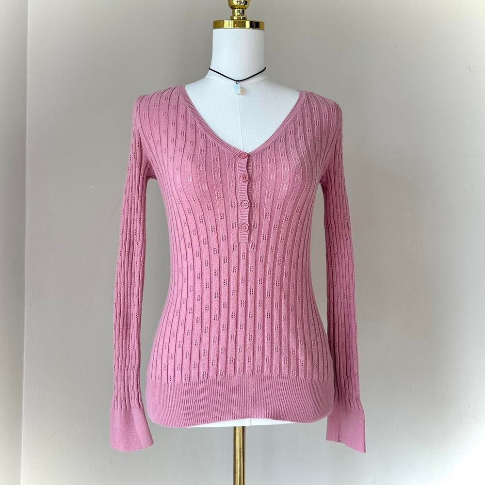 Route 66 Pointelle Henley Sweater Small Pink Preppy Coquette Long Sleeve Y2K